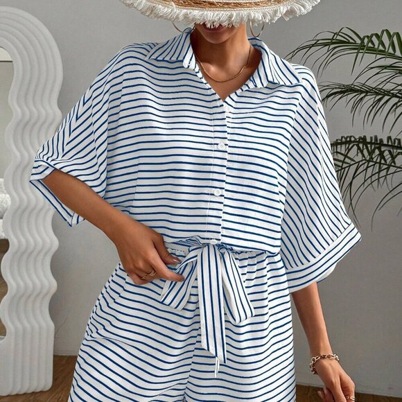 Multicolor Casual Women's Striped & Printed Collar Belted Jumpsuit - Picture 5 of 6